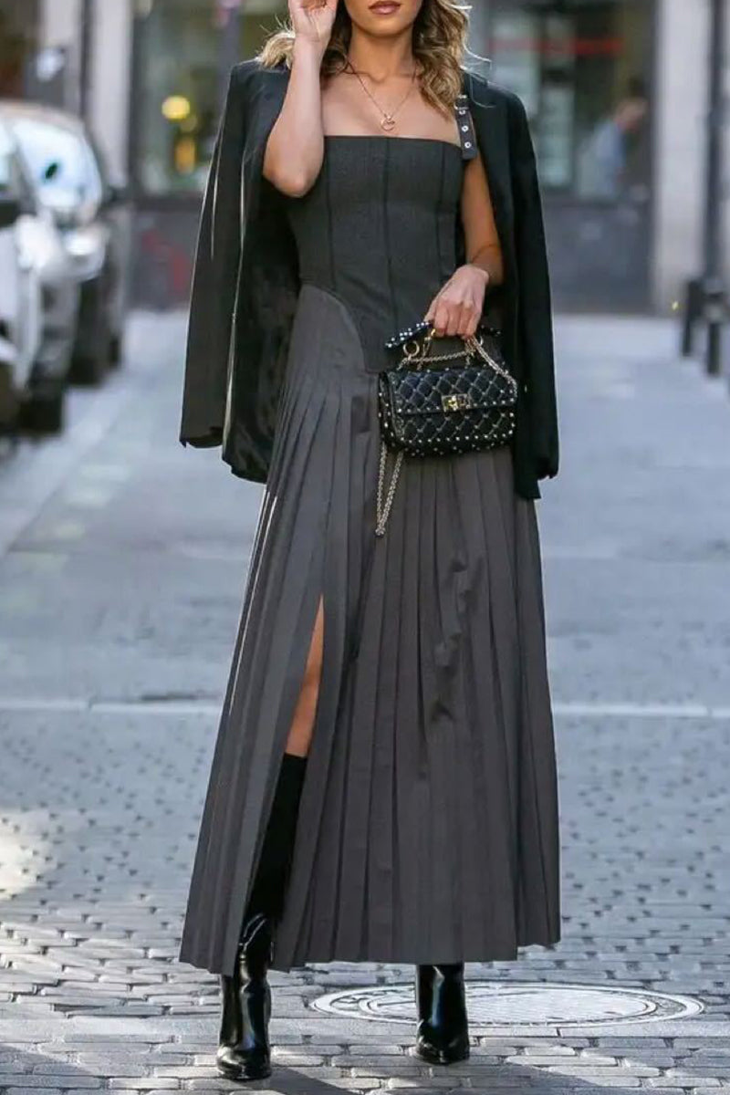 Vintage Celebrities Solid Slit Pleated Sling Dress Dresses