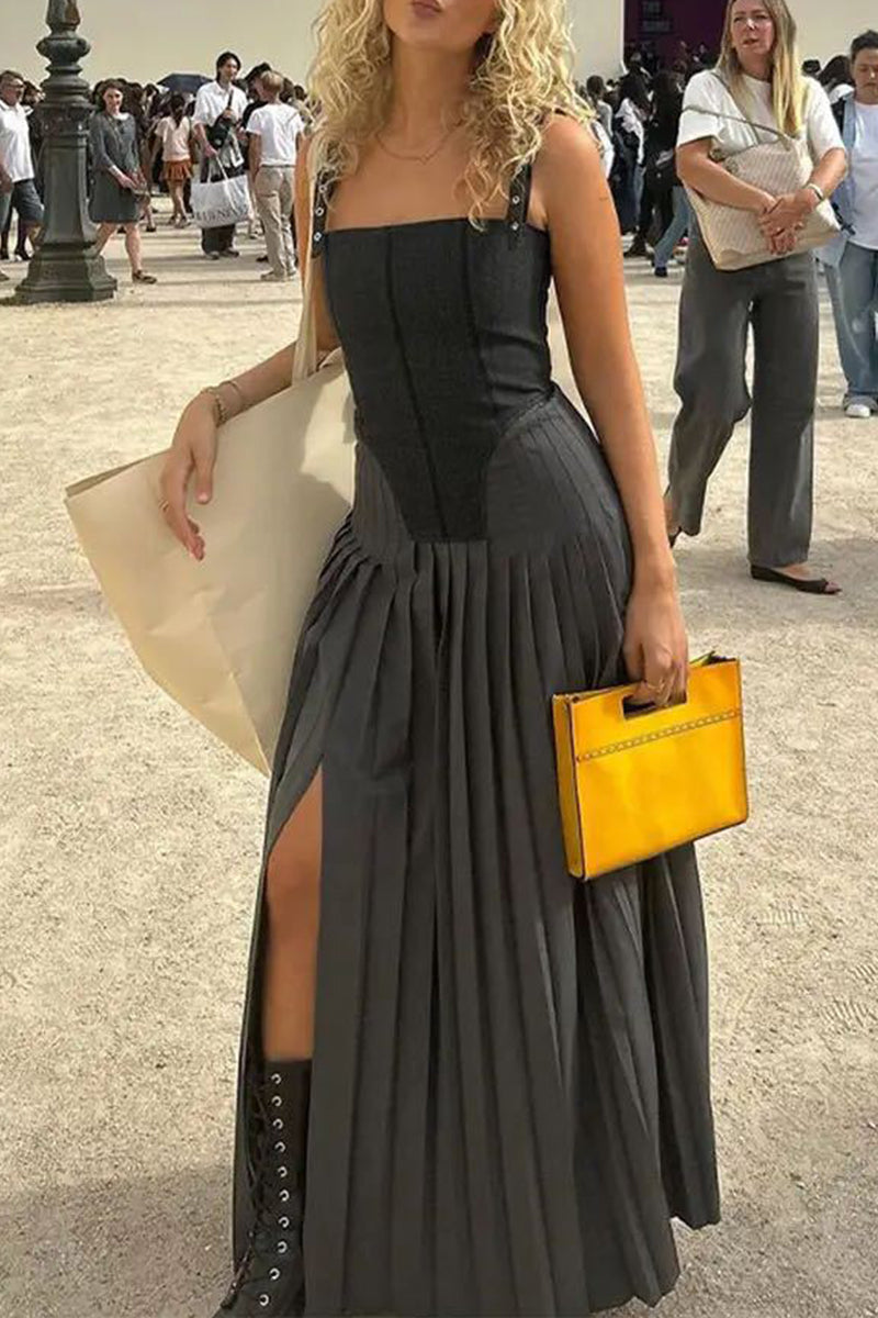 Vintage Celebrities Solid Slit Pleated Sling Dress Dresses