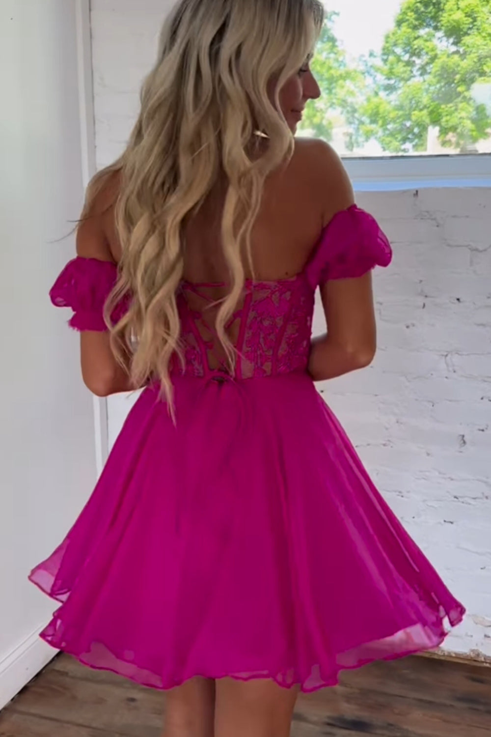 Fuchsia Homecoming Dress Lace-Up Back A-Line Short Prom Dress with Lace