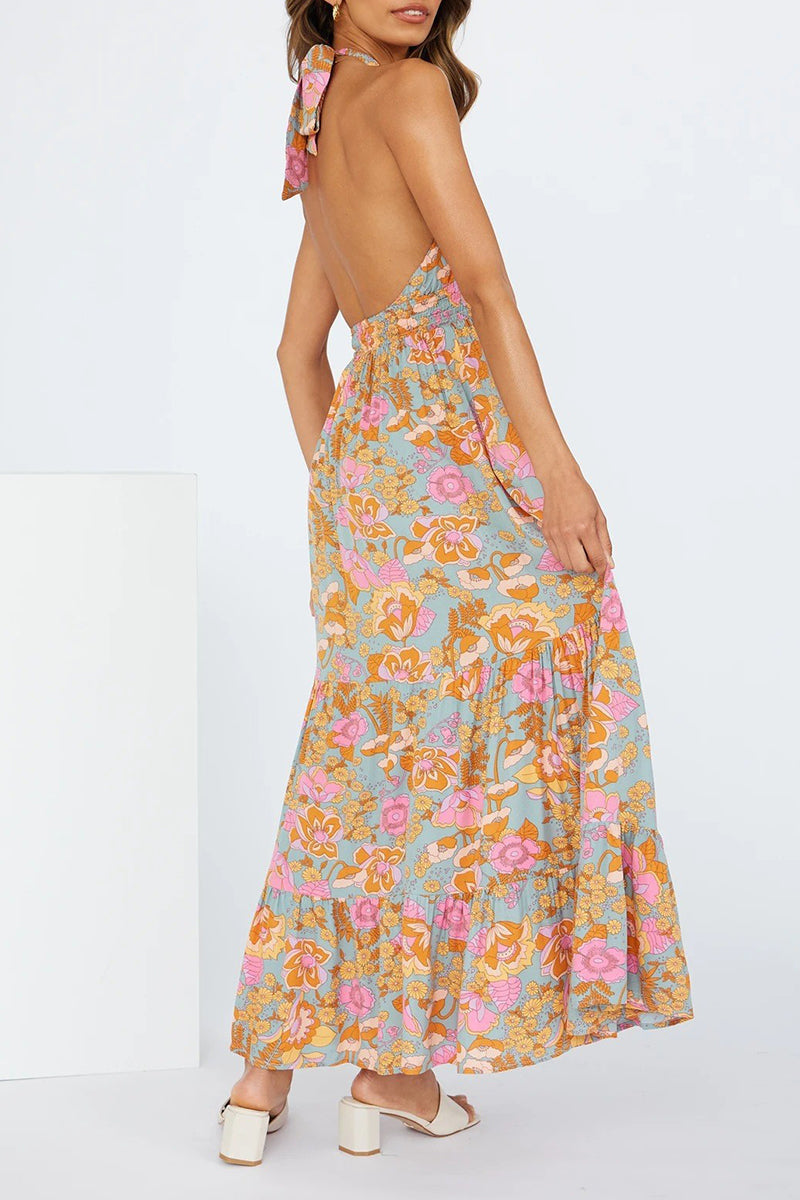 Sexy Vacation Floral Bandage Flounce With Bow Printed Dress Dresses