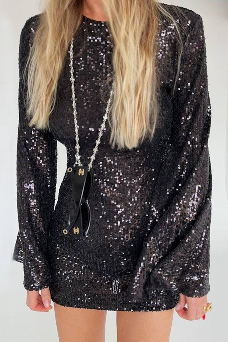 Elegant Solid Sequins O Neck Long Sleeve Dresses