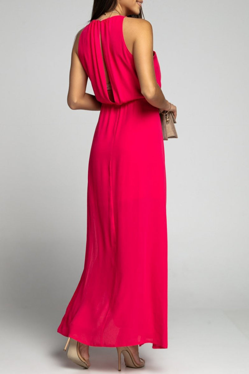 Elegant Solid Backless Slit O Neck Sleeveless Dress Dresses