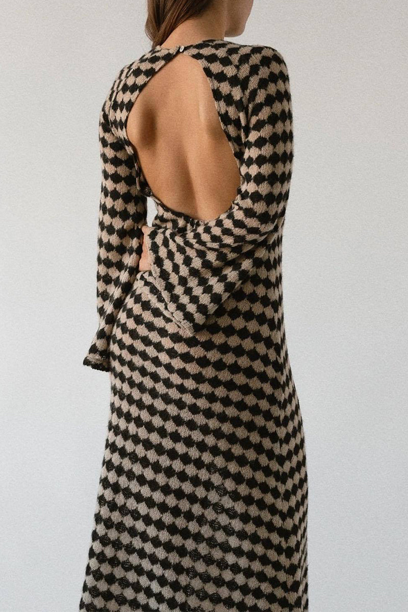 Sexy Plaid Backless Contrast Weave O Neck A Line Dresses