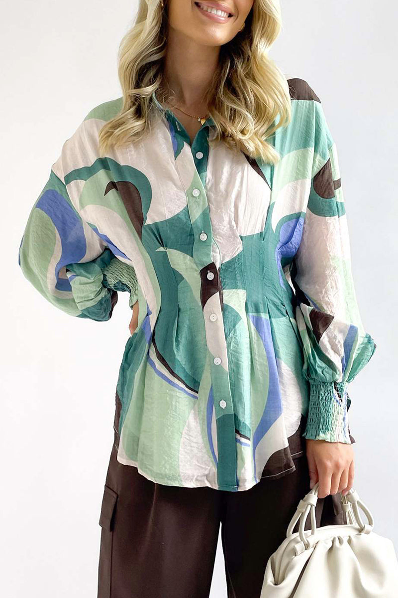 Casual Print Fold Turndown Collar Tops