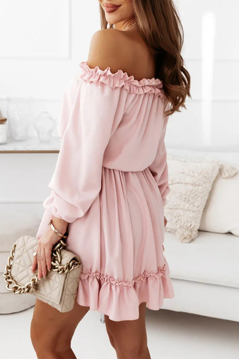 Sweet Solid Flounce Off the Shoulder Princess Dresses