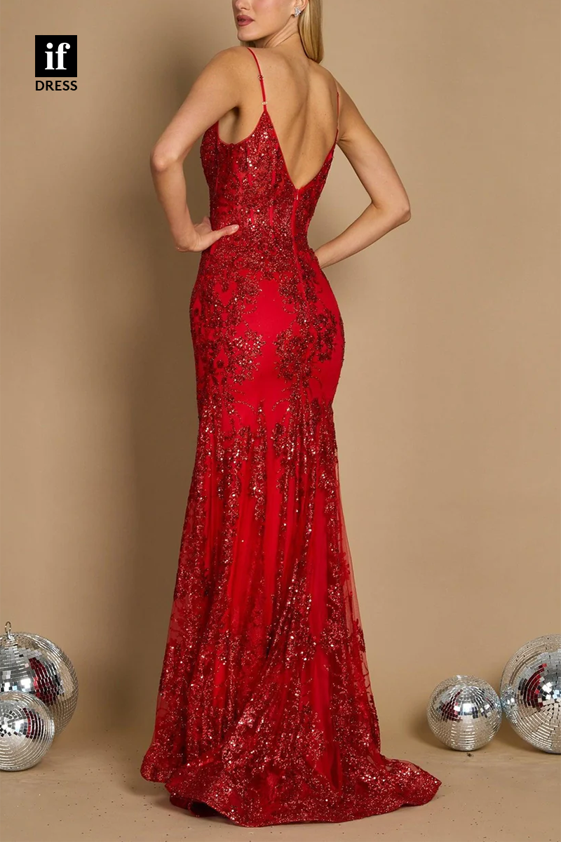 34840 - Spaghetti Straps V-Neck Lace Appliques Mermaid Prom Evening Formal Dress