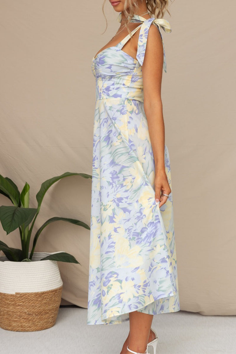 Sweet Elegant Print Flowers Fold V Neck Waist Skirt Dresses