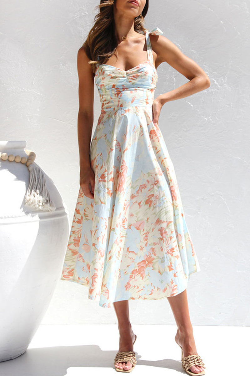 Sweet Elegant Print Flowers Fold V Neck Waist Skirt Dresses