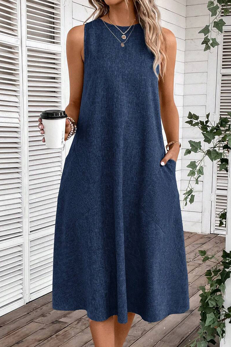 Casual Simplicity Solid Pocket O Neck Sleeveless Dresses