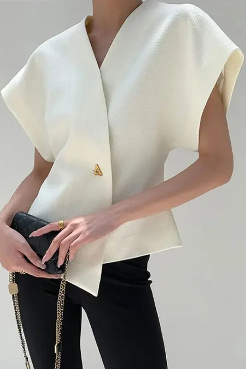 Casual Solid Color Metal Accessories Trim V Neck Tops