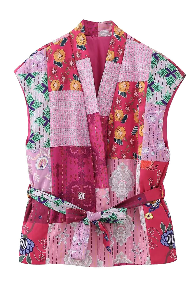 Casual Street Floral Print Lace Up Patchwork Contrast V Neck Waistcoats