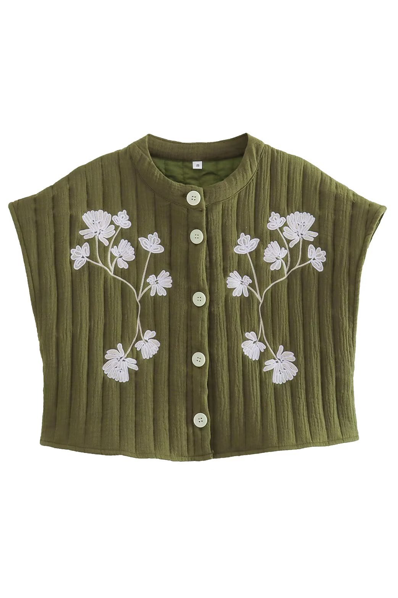 Casual Street Flowers Embroidered Buckle O Neck Tops