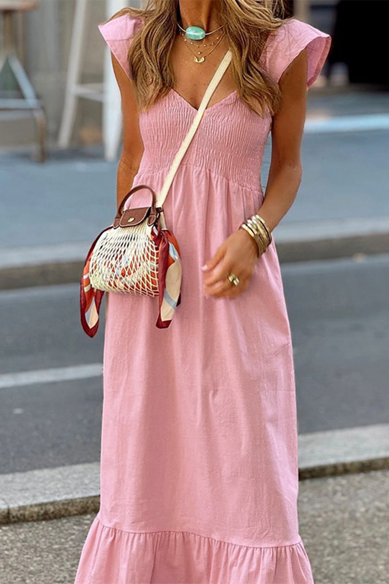 Casual Solid Color Ruffle V Neck A Line Dresses