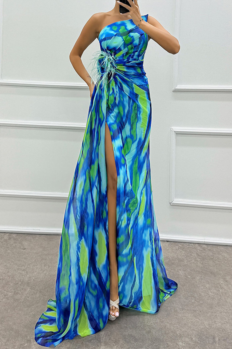 Sexy Prom Ombre Print Slit Irregular Contrast Sloping Shoulder Evening Dresses(5 Colors)