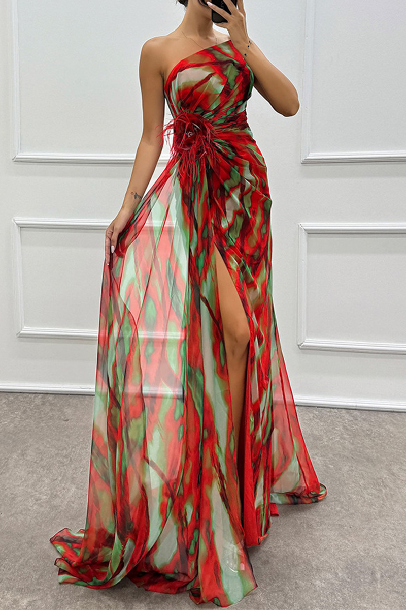 Sexy Prom Ombre Print Slit Irregular Contrast Sloping Shoulder Evening Dresses(5 Colors)