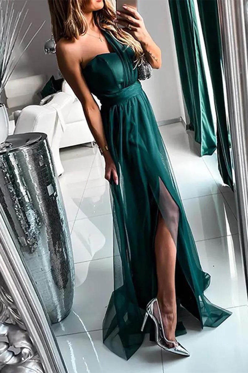 Sexy Prom Slit Mesh Sloping Shoulder Evening Dresses