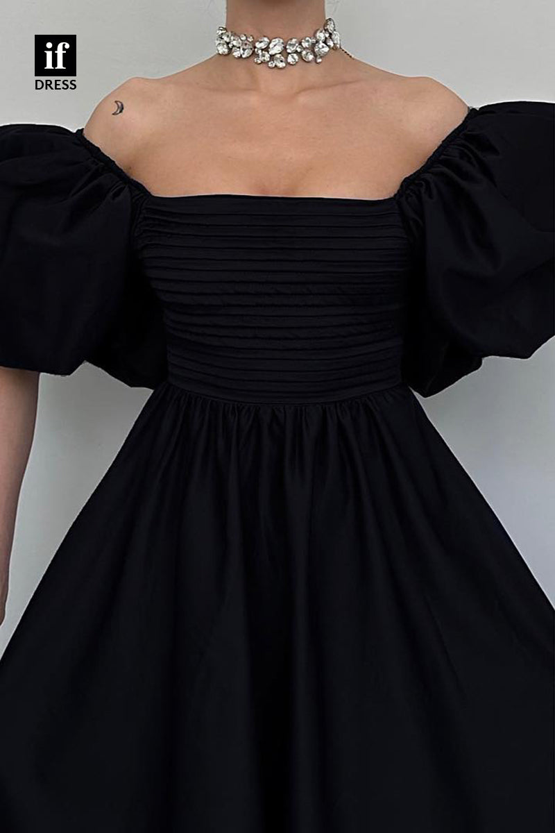 F1767 - Chic A-Line Puff Sleeves Ruched Satin Short Homecoming Party Dress with Bow-Knot