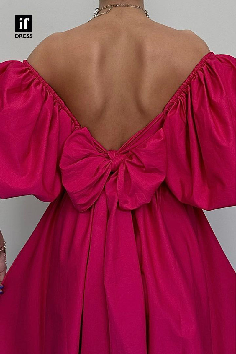 F1767 - Chic A-Line Puff Sleeves Ruched Satin Short Homecoming Party Dress with Bow-Knot