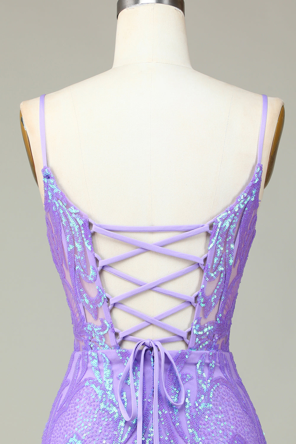 Bodycon Spaghetti Straps Lilac Homecoming Dress Sequin Corset Prom Dress with Criss Cross Back