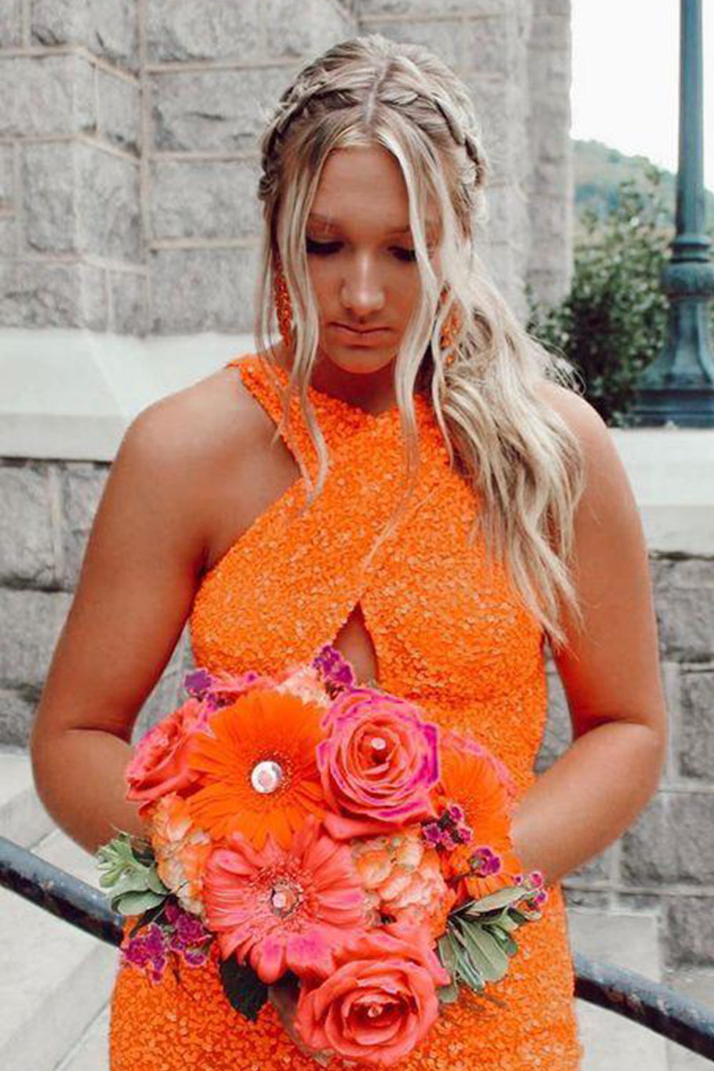 Glitter Orange Homecoming Dress Halter Backless Sequin Tight Prom Dress