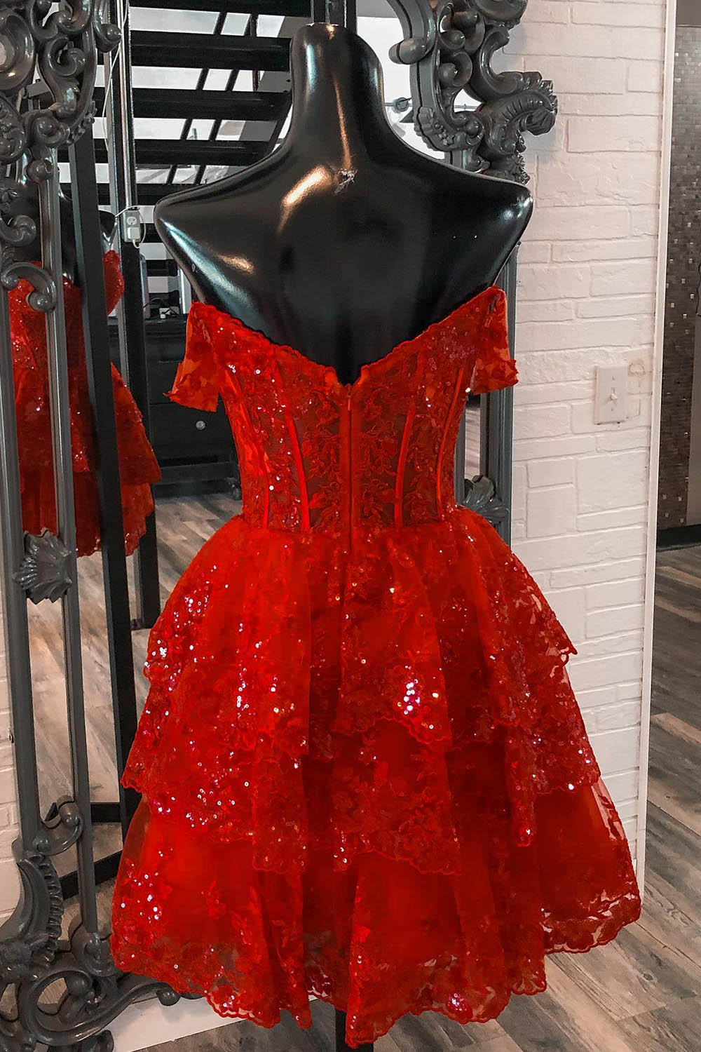 Red Homecoming Dress Glitter Off the Shoulder Tiered Lace A-Line Prom Dress