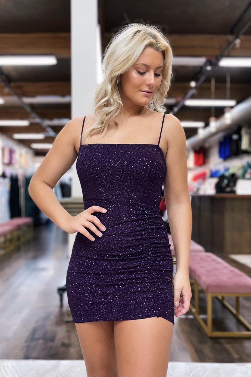 Glitter Dark Purple Homecoming Dress Sequin Spaghetti Straps Tight Short Prom Dress