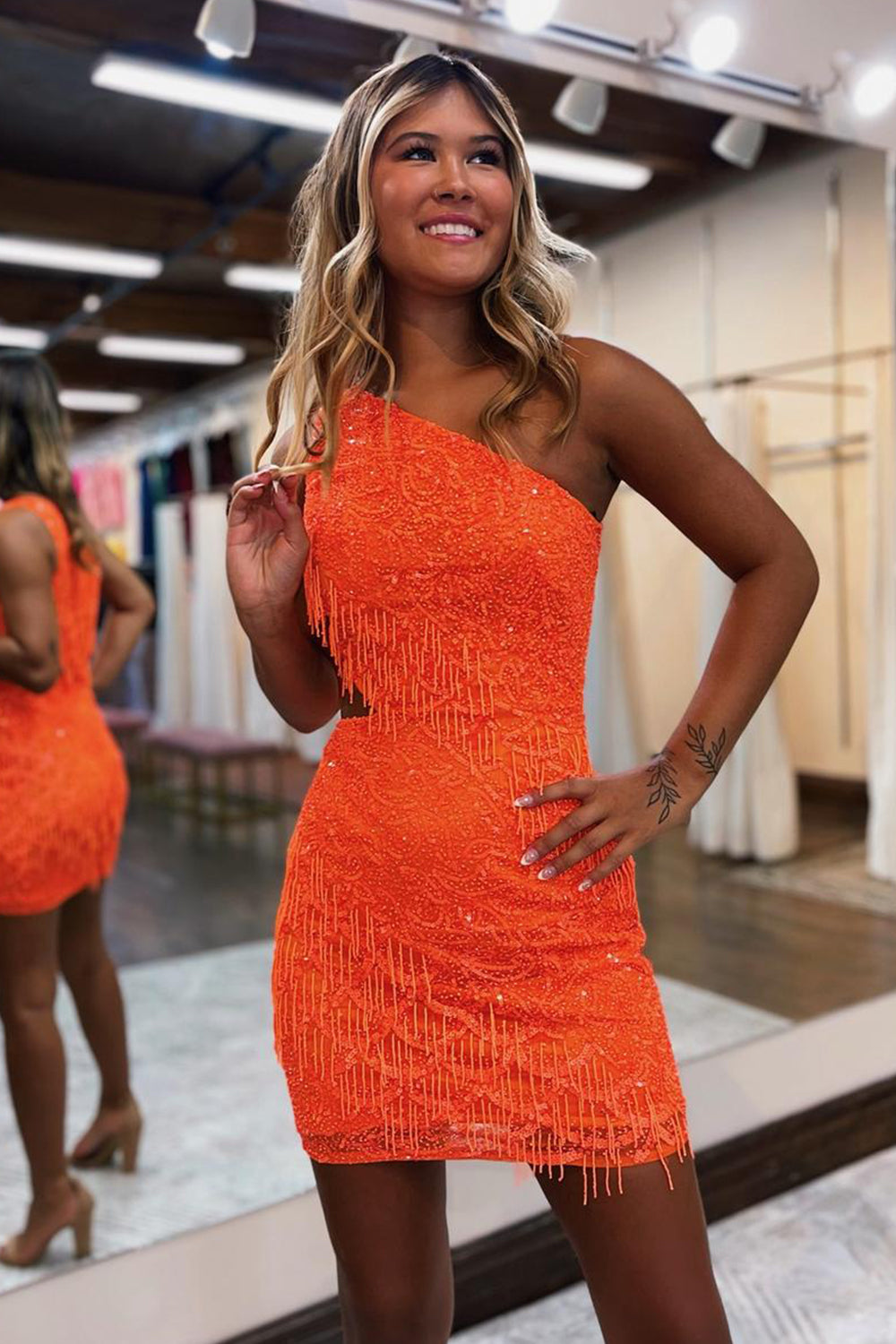 Orange Homecoming Dress One Shoulder Sequin Cut Out Short Prom Dress with Fringes