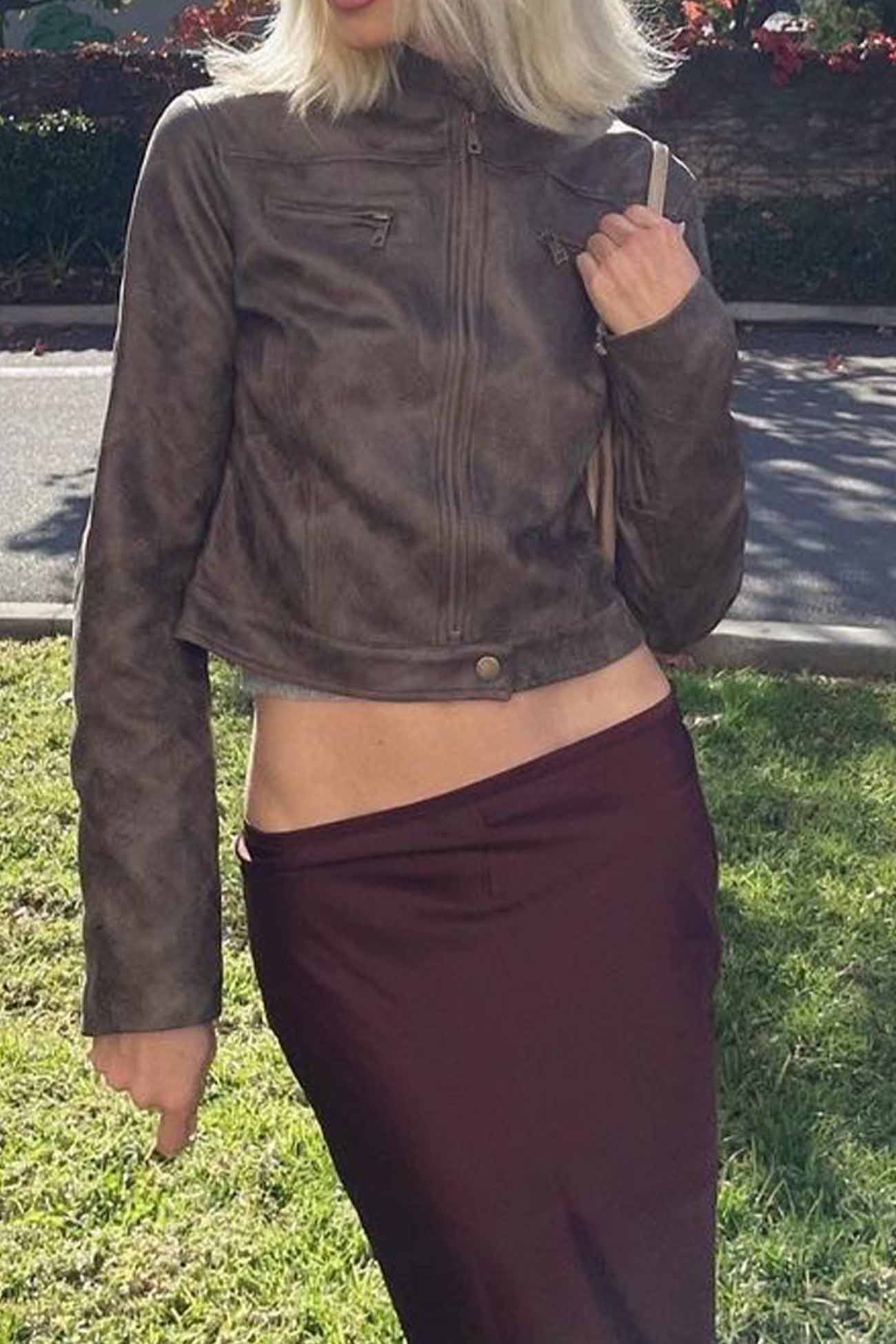 Brown Suede Cropped Stand Collar Jacket