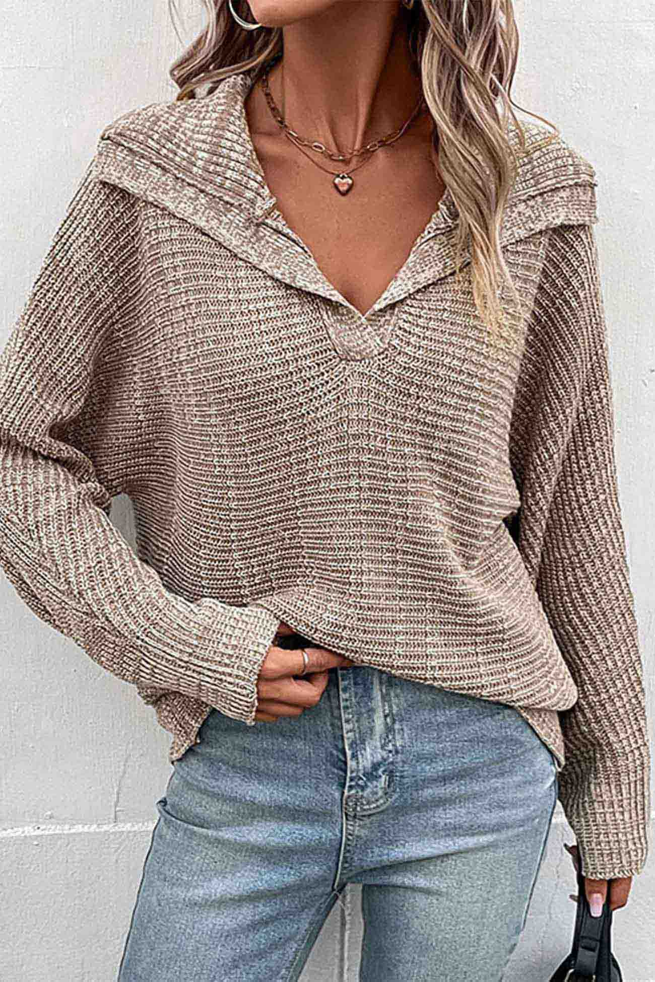 Khaki Lapel Long Sleeve Sweater