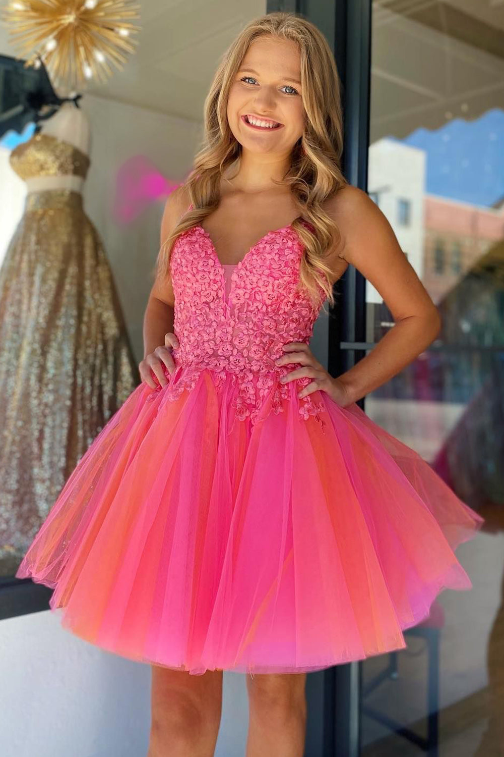 Hot Pink Homecoming Dress A-Line Tulle Short Prom Dress with Lace