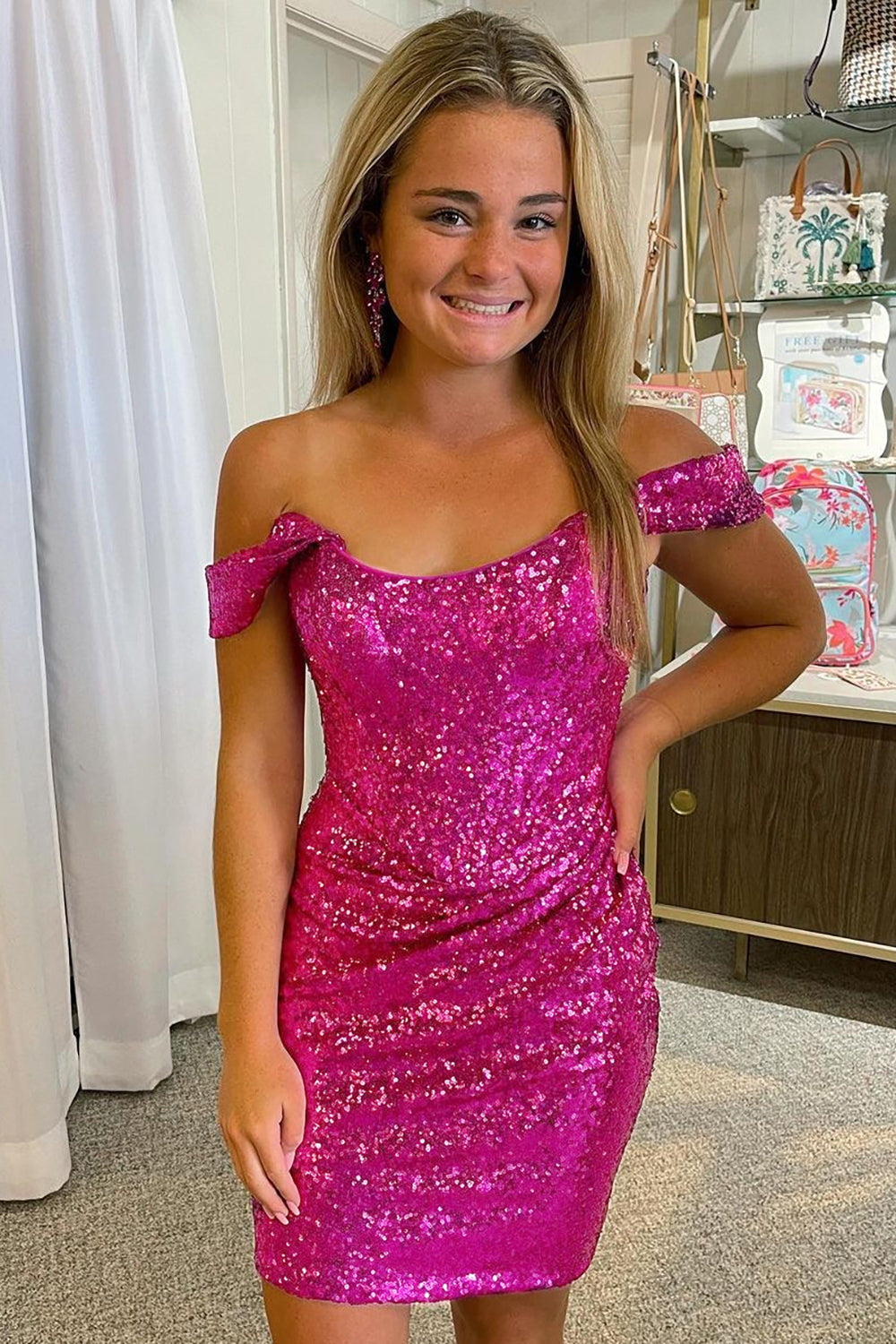 Hot Pink Homecoming Dress Detachable Off the Shoulder Sequin Tight Prom Dress