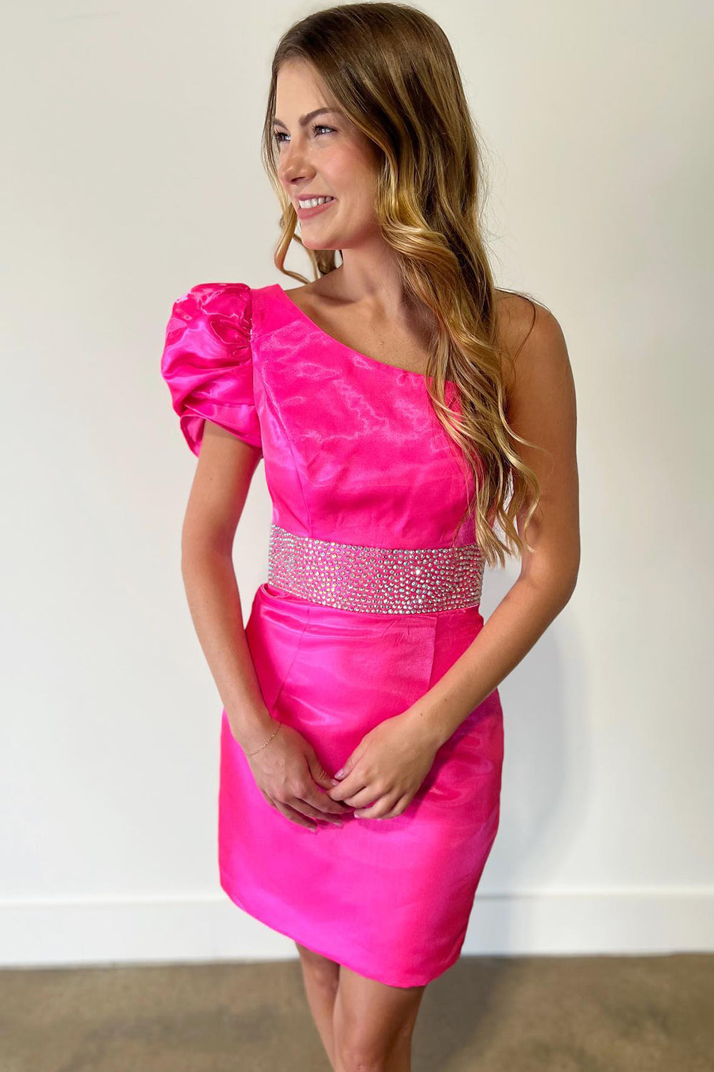 Fuchsia Homecoming Dress Beaded One Shoulder Tight Short Prom Dress