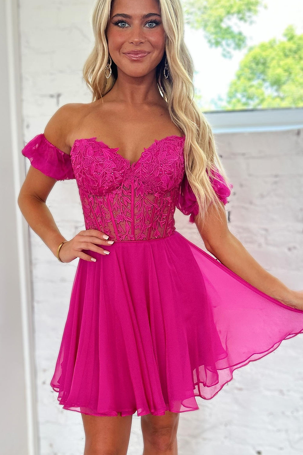 Fuchsia Homecoming Dress Lace-Up Back A-Line Short Prom Dress with Lace