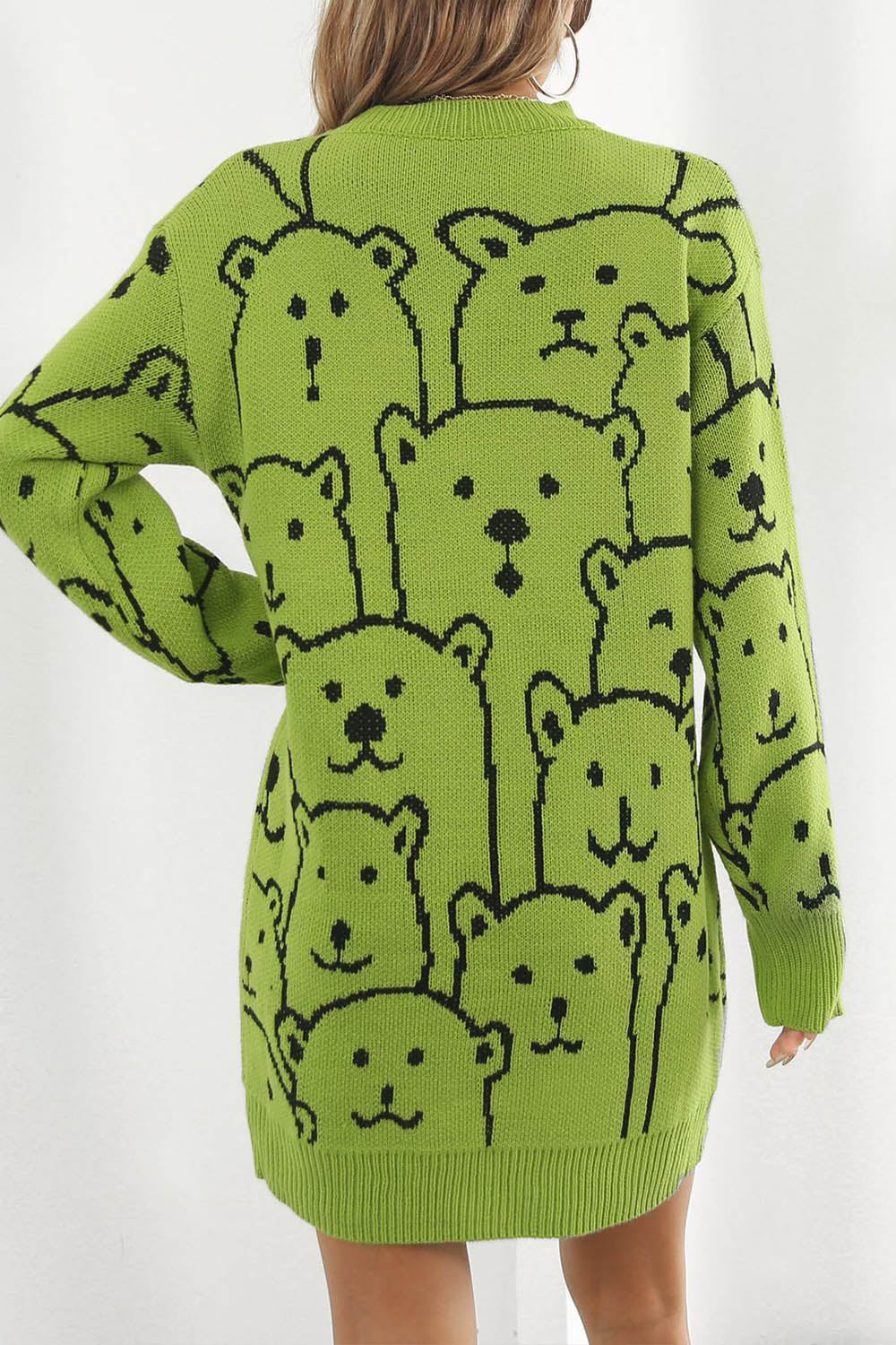 Little Bear Jacquard V-Neck Long Sleeve Sweater Dress