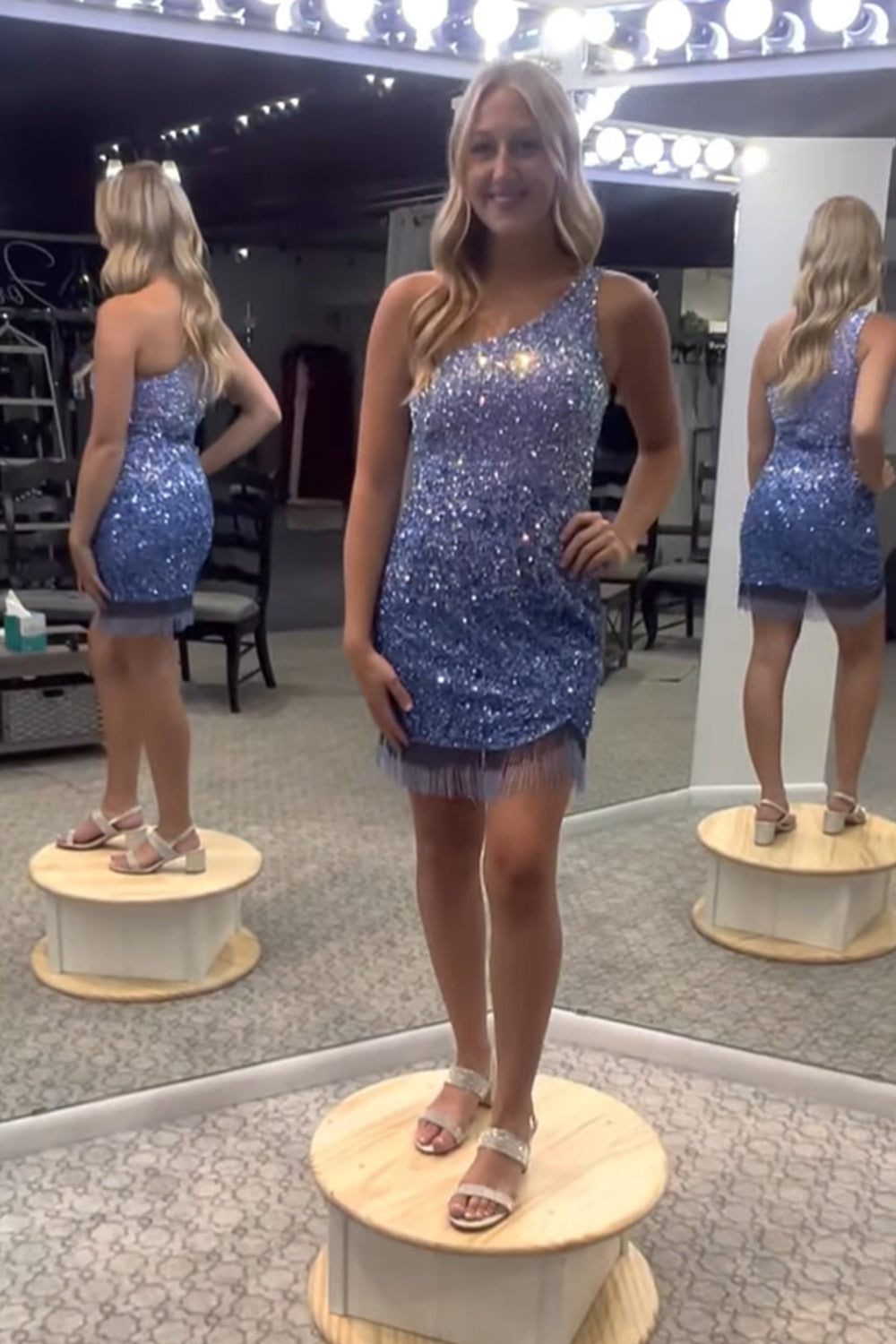 Blue Homecoming Dress Sequined One Shoulder Tight Short Prom Dress with Fringes