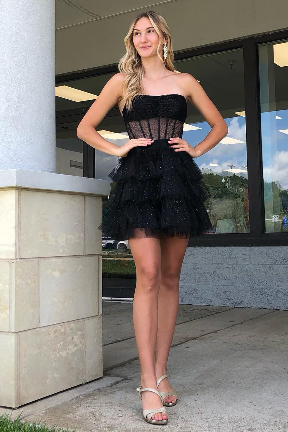 Glitter Black Homecoming Dress Corset Tiered A-Line Tulle Short Prom Dress