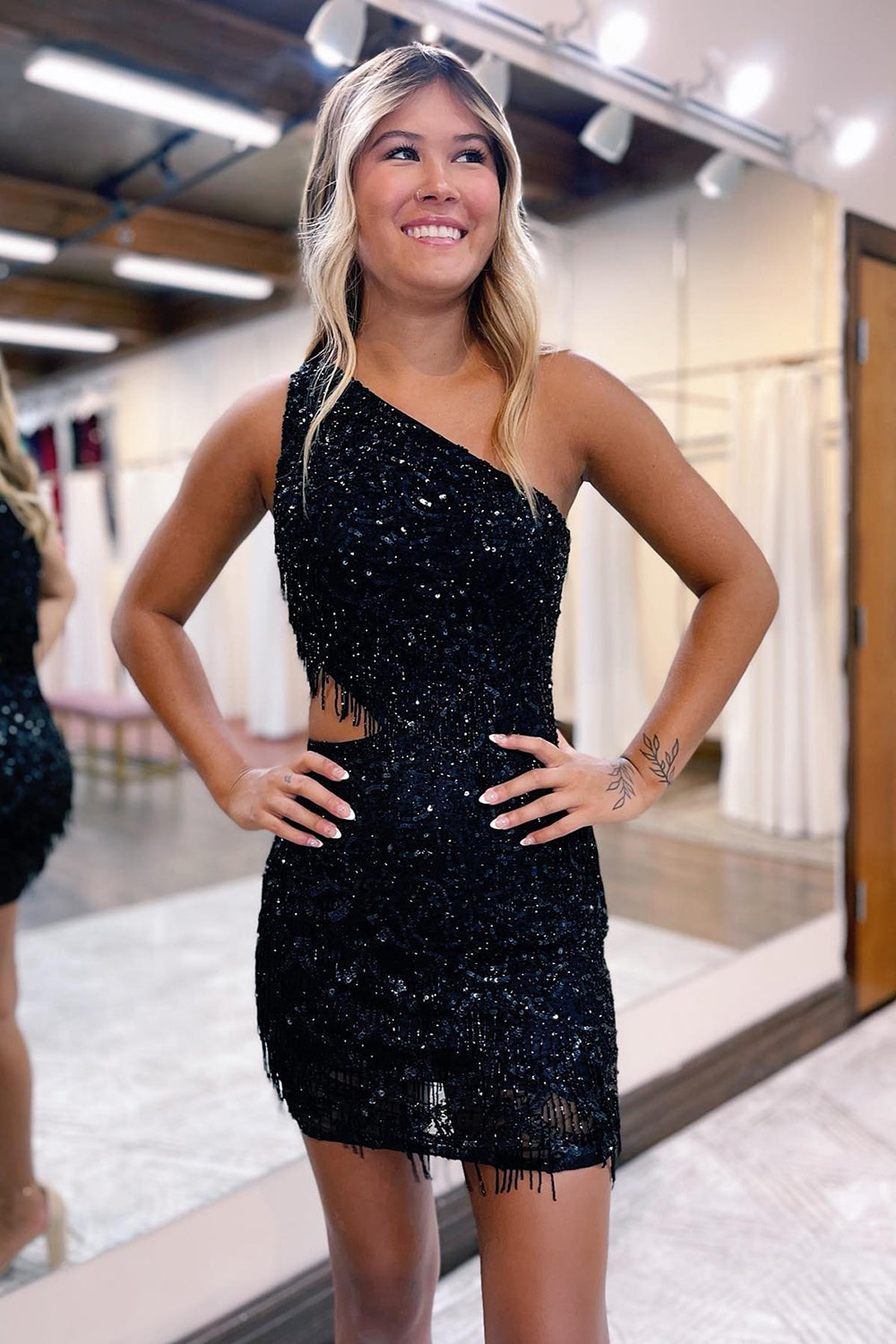 Black Homecoming Dress Sequin Beaded One Shoulder Tight Prom Dress