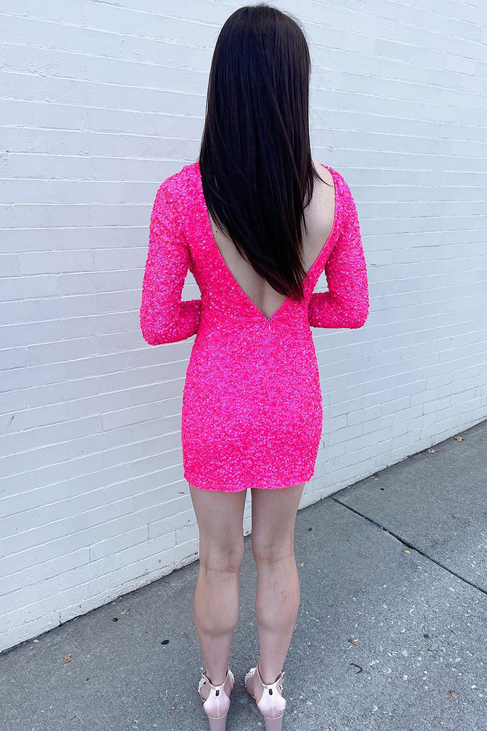 Fuchsia Homecoming Dress Long Sleeves Tight Short Sequin Prom Dress