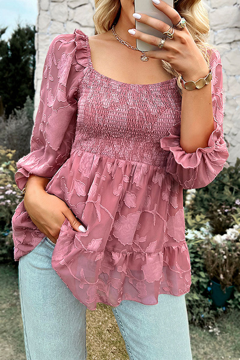 Smocked Square Neck Bubble Sleeve Chiffon Top