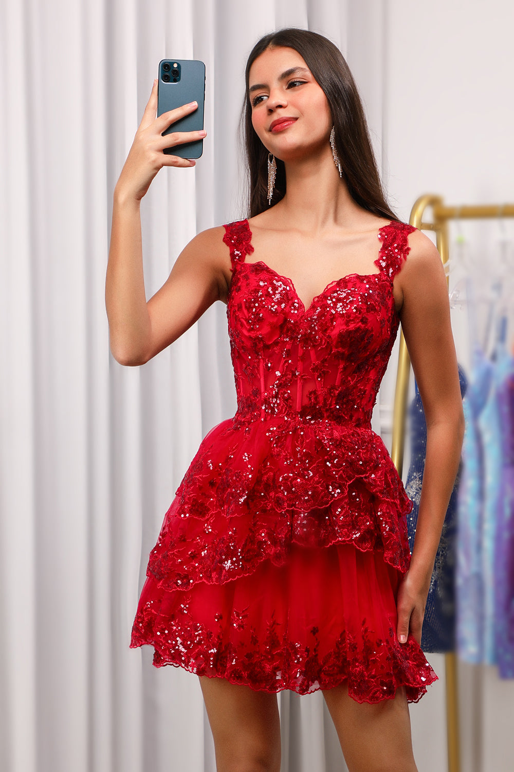 Red Homecoming Dress Glitter Off the Shoulder Tiered Lace A-Line Prom Dress