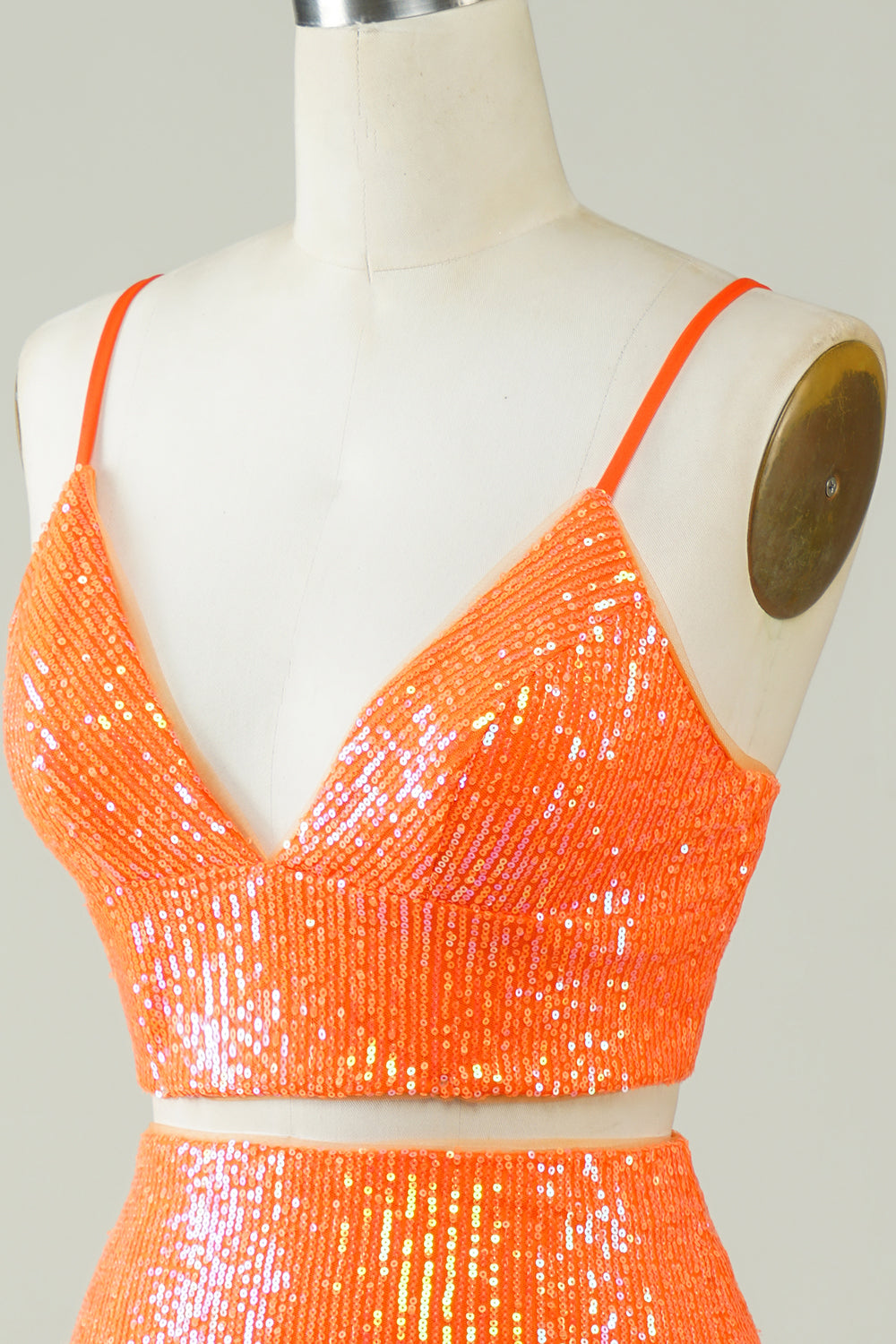 Two Piece Orange Homecoming Dress Sequin Tight Prom Dress