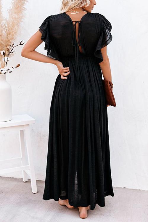 Button Drawstring Waist Bat Maxi Cover Dress