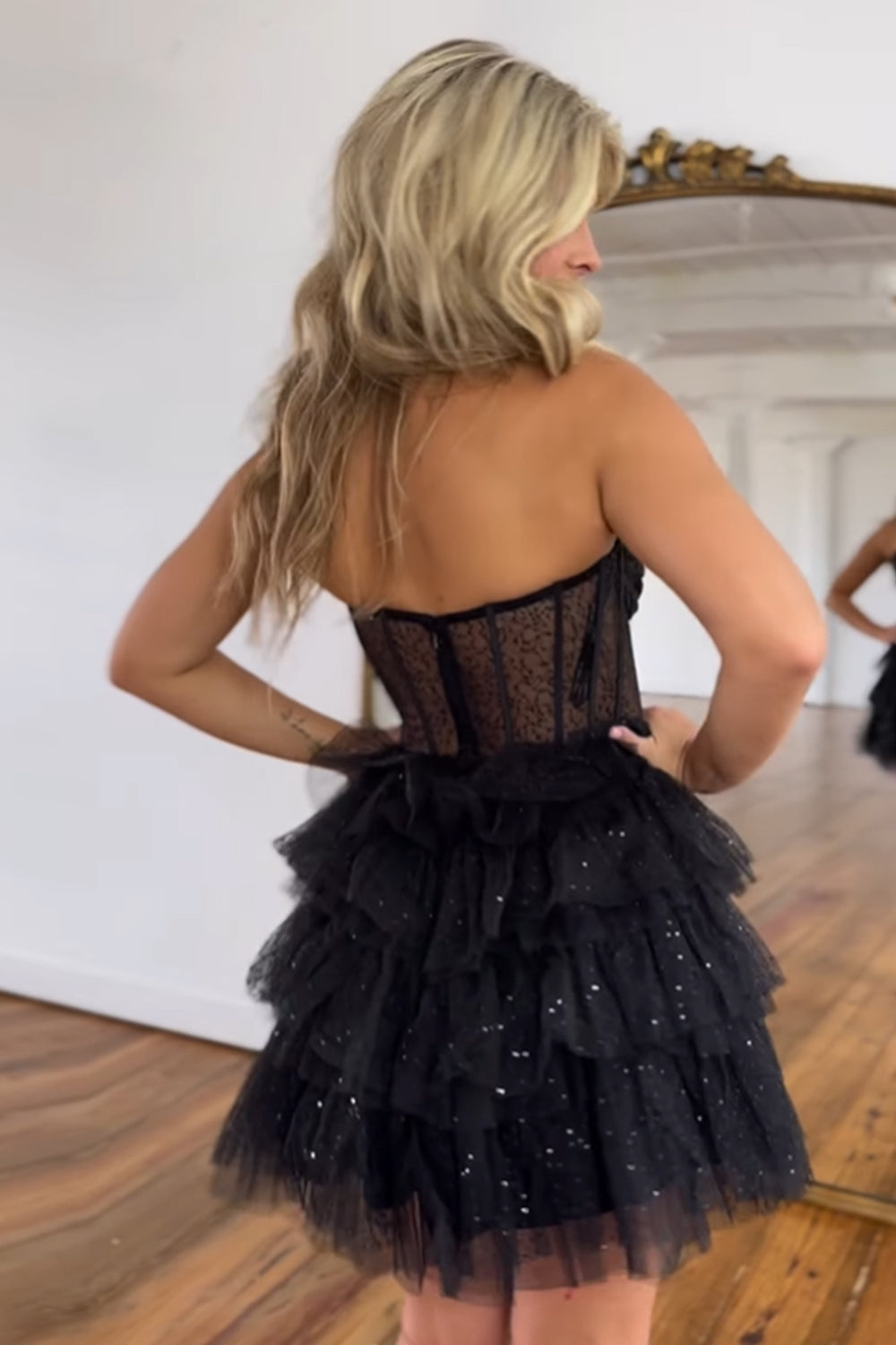 Glitter Black Homecoming Dress Corset Tiered A-Line Tulle Short Prom Dress