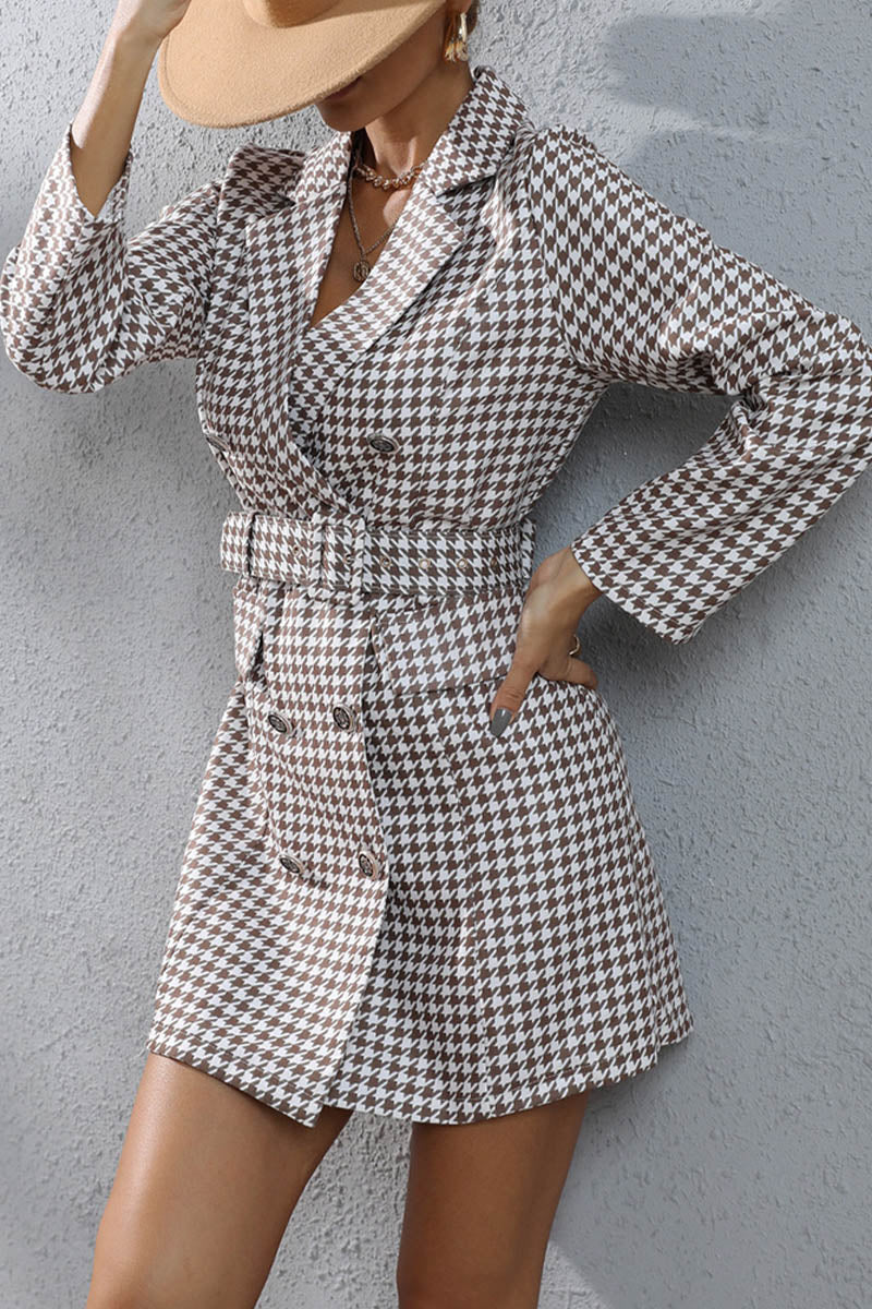 Houndstooth Lapel Belt Elegant Blazer Dress