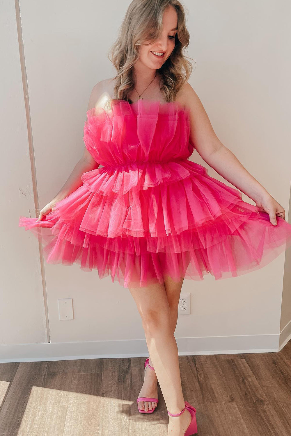 Pink Homecoming Dress Strapless A-Line Tiered Tulle Short Prom Dress