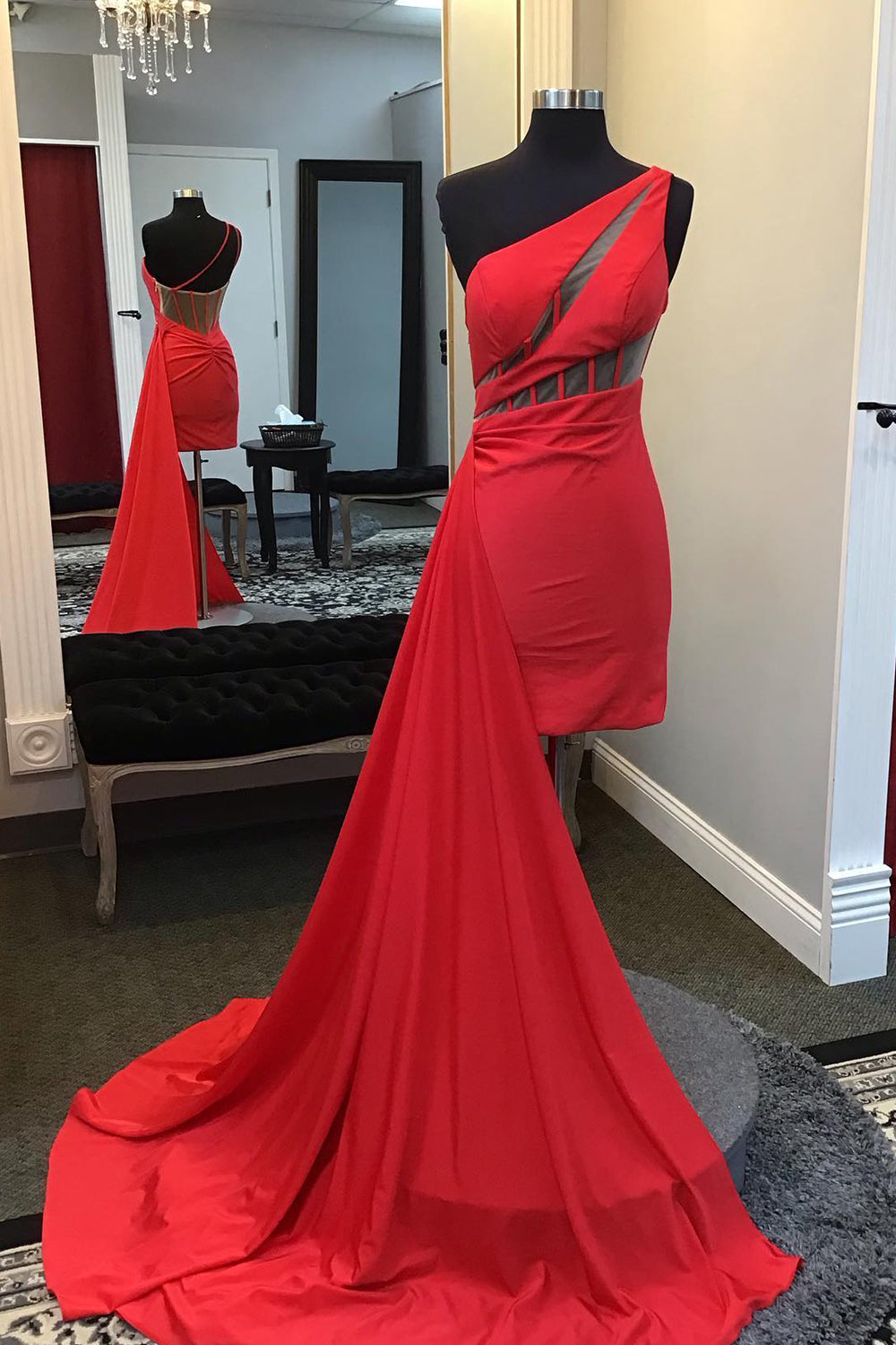 Red Homecoming Dress Corset One Shoulder Tight Short Satin Prom Dress with Ruffle