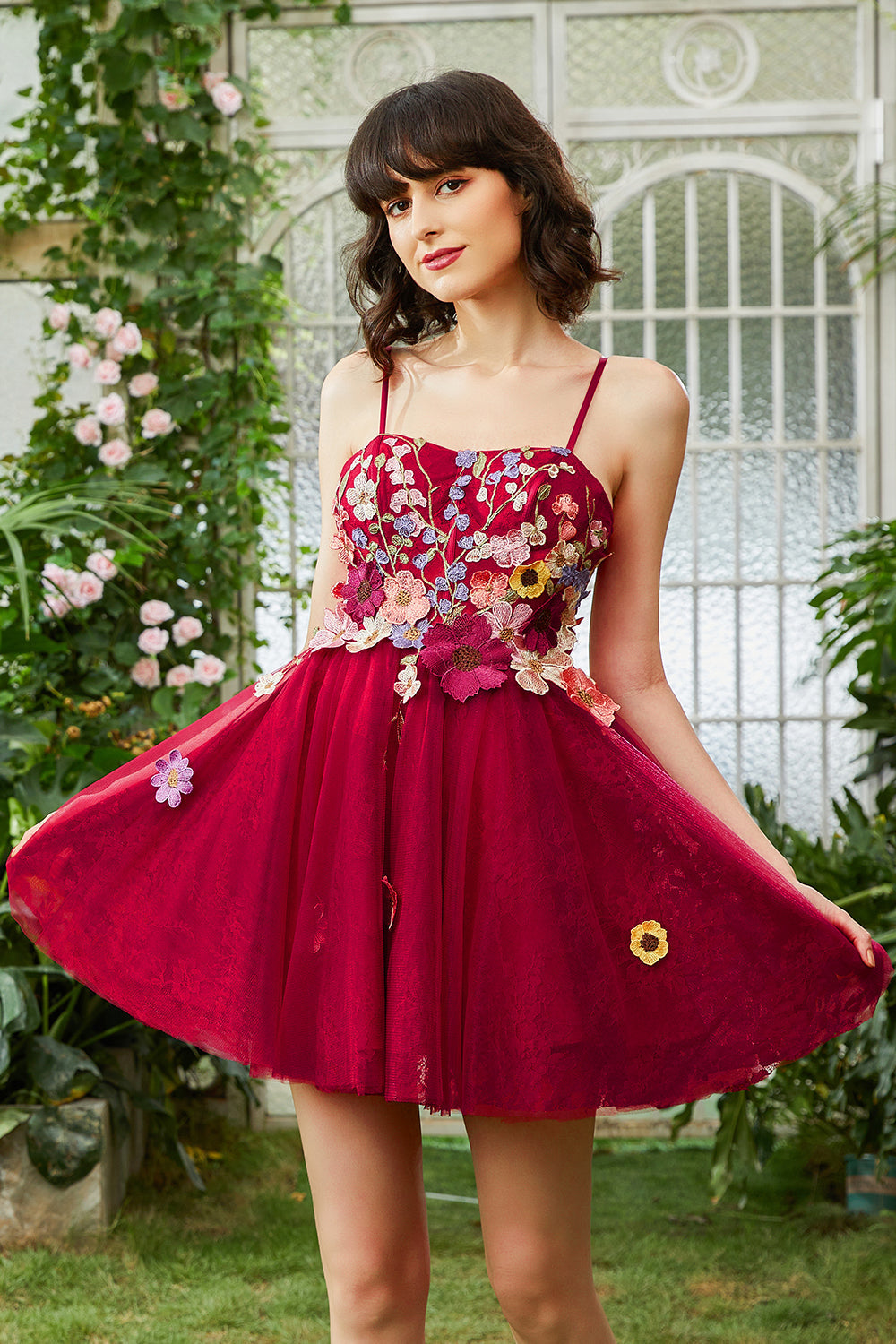 Burgundy Homecoming Dress A Line Spaghetti Straps Prom Dress With 3D Flowers