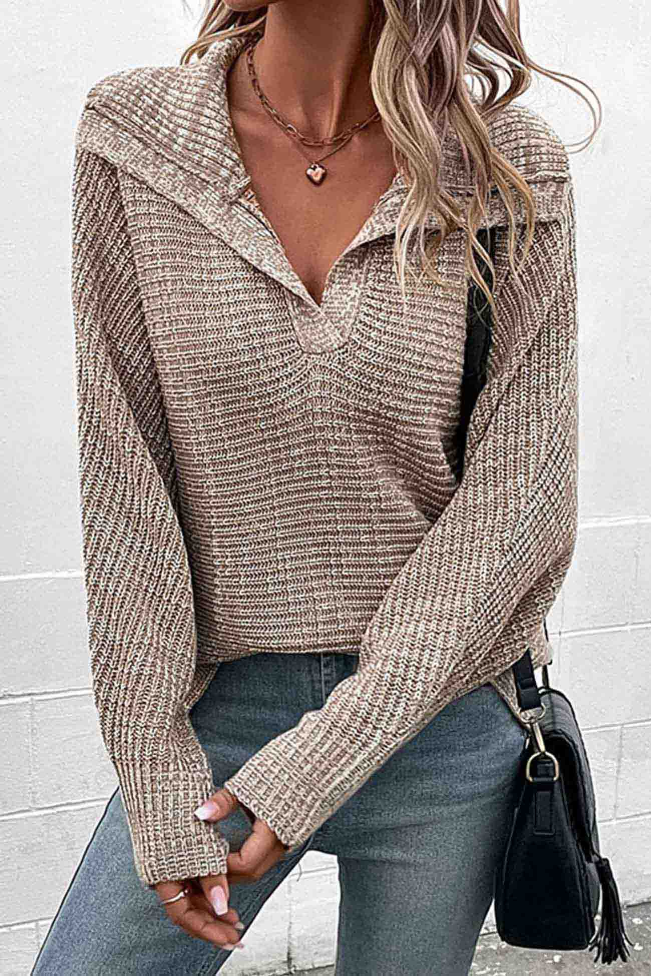 Khaki Lapel Long Sleeve Sweater