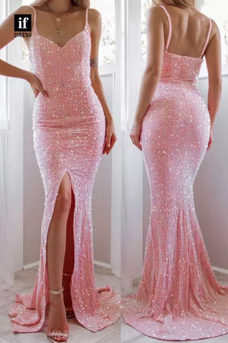 34444 - Spaghetti Straps V-Neck Sequined Mremaid Prom Formal Dress With Slit