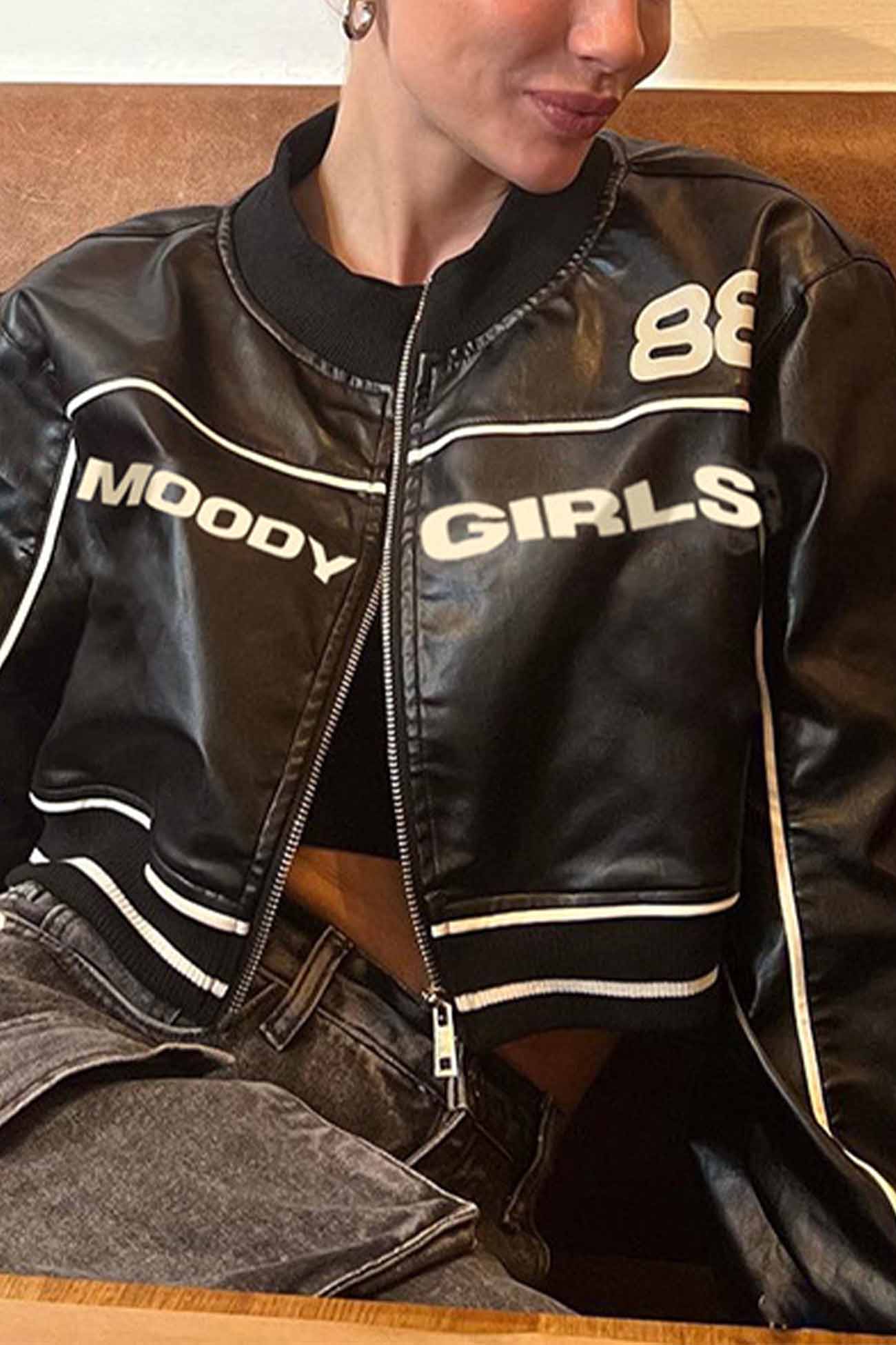 Short Zip-Up Leather Biker Jacket